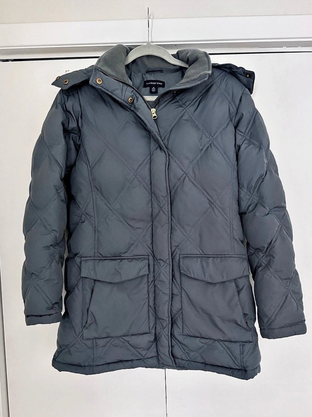 Lands' End Grey Blue Quilted Down Puffer Jacket Coat Parka Faux Fur Hood M